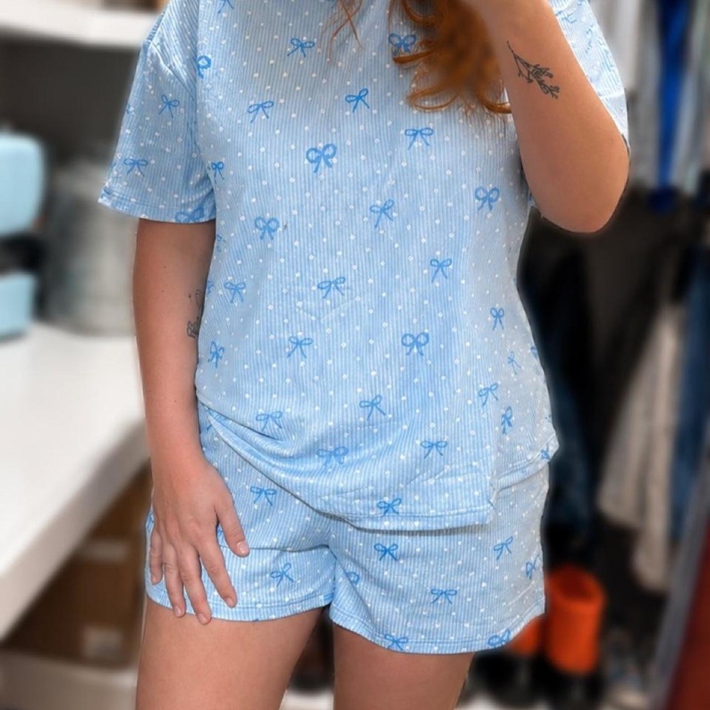 Blue bow short set